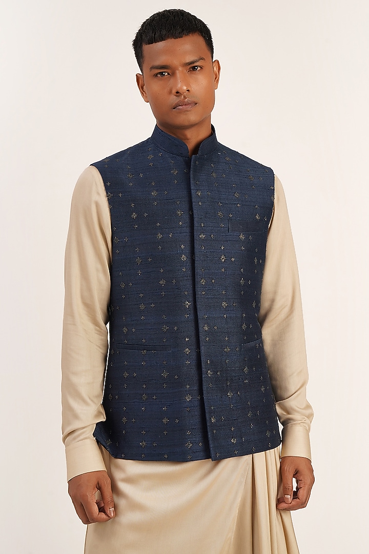 Navy Blue Silk Embroidered Nehru Jacket by Dhruv Vaish at Pernia's Pop Up Shop