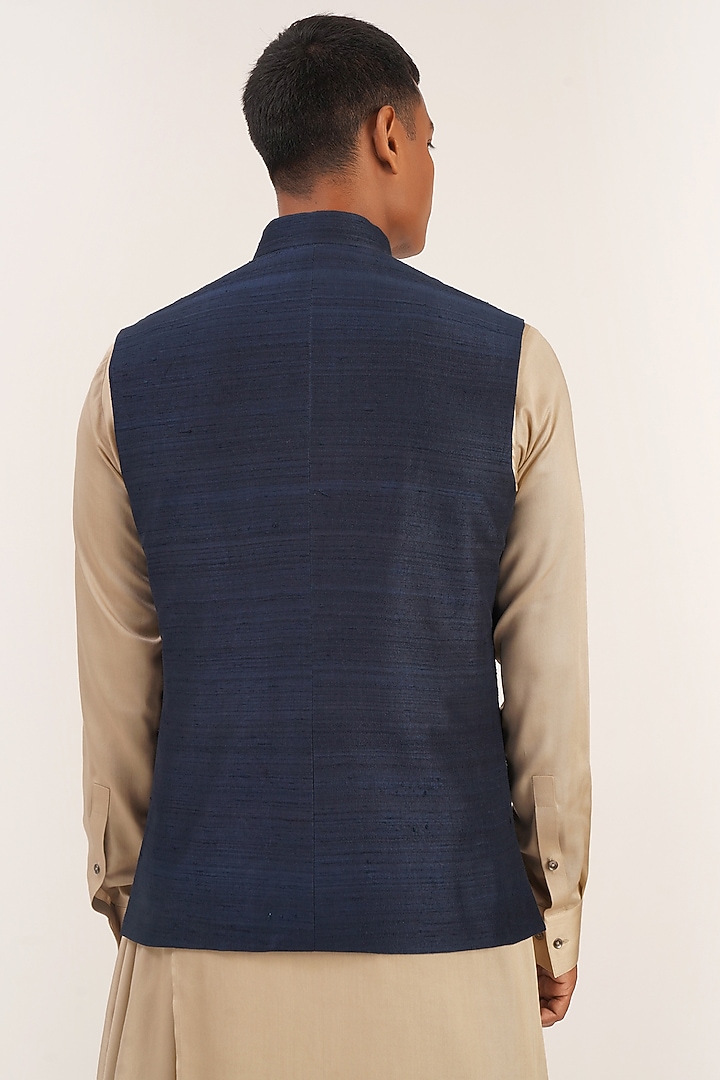 Navy Blue Silk Embroidered Nehru Jacket by Dhruv Vaish at Pernia's Pop Up Shop