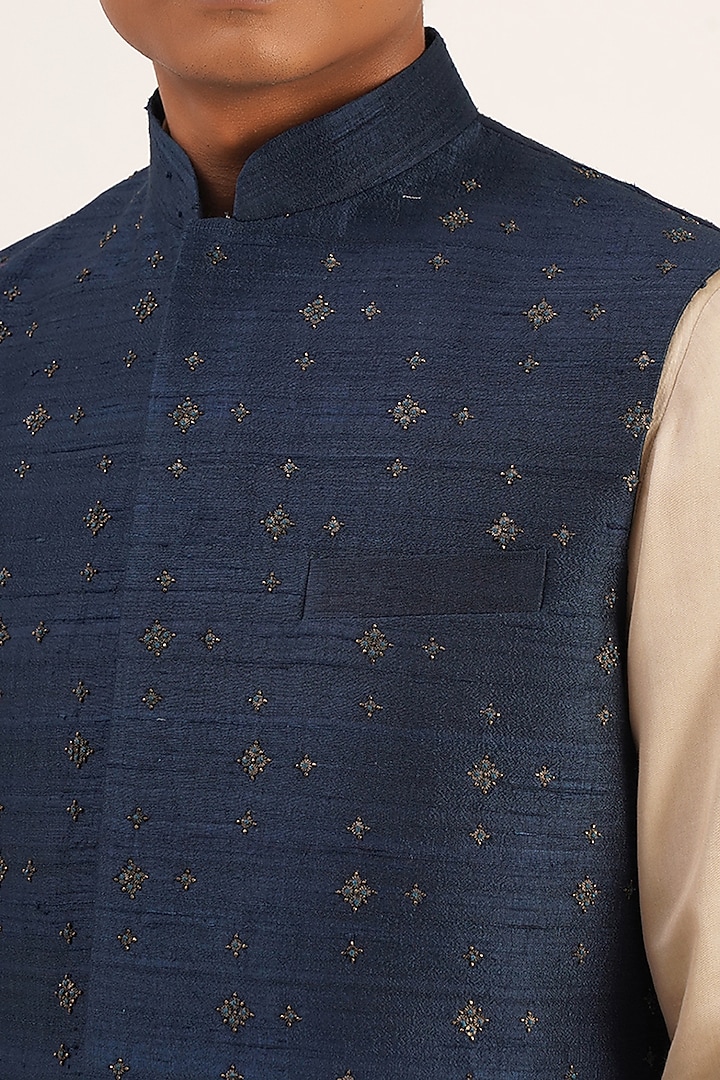 Navy Blue Silk Embroidered Nehru Jacket by Dhruv Vaish at Pernia's Pop Up Shop