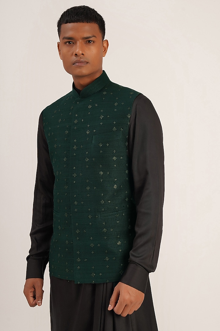 Bottle Green Silk Metal Embroidered Nehru Jacket by Dhruv Vaish at Pernia's Pop Up Shop