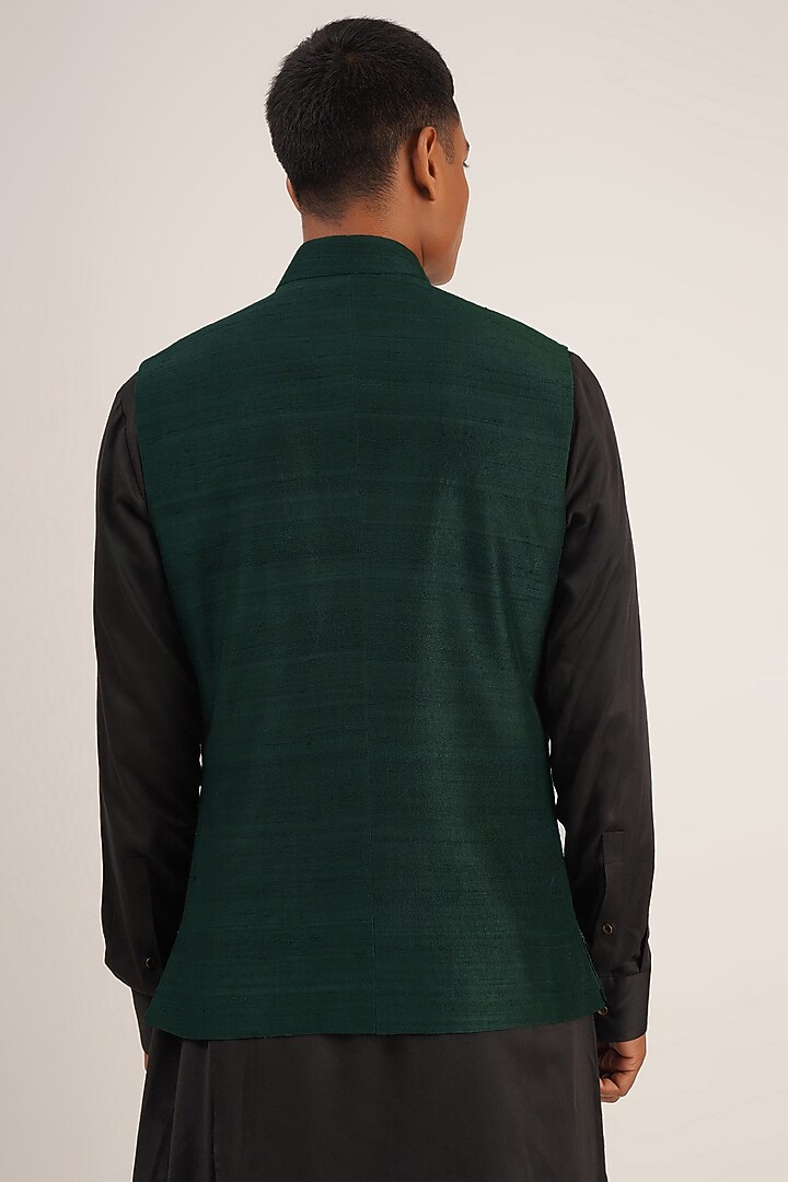 Bottle Green Silk Metal Embroidered Nehru Jacket by Dhruv Vaish at Pernia's Pop Up Shop