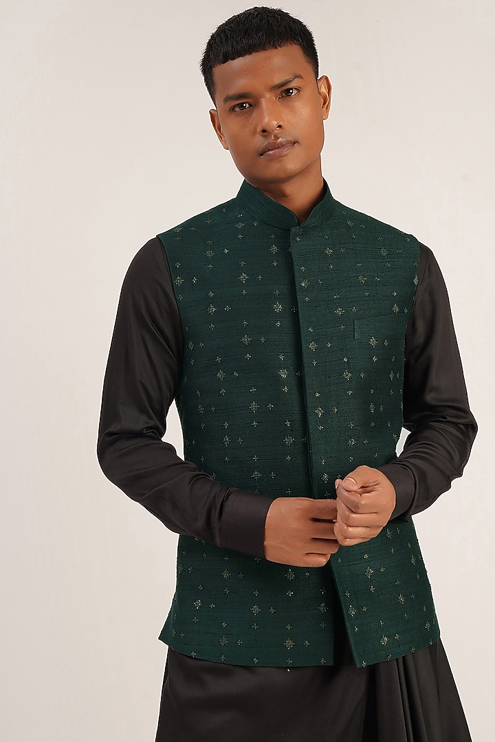 Bottle Green Silk Metal Embroidered Nehru Jacket by Dhruv Vaish at Pernia's Pop Up Shop