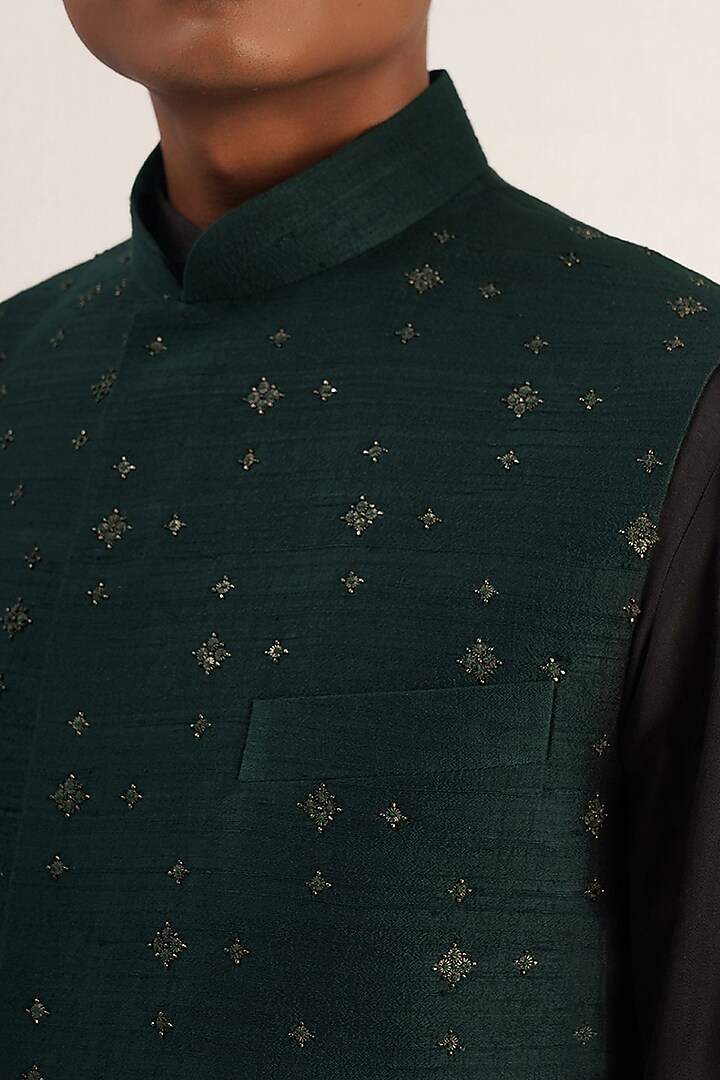 Bottle Green Silk Metal Embroidered Nehru Jacket by Dhruv Vaish at Pernia's Pop Up Shop