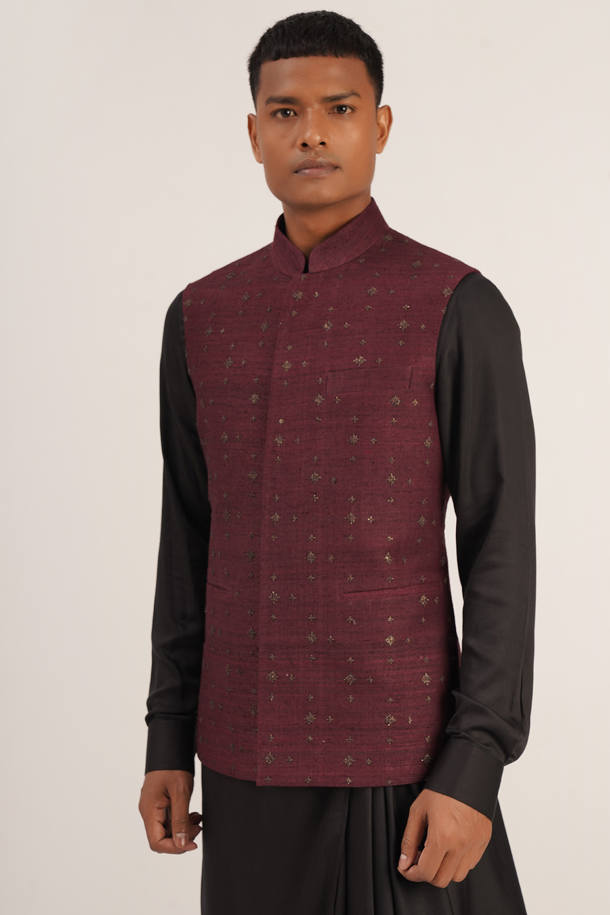 Old Mauve Silk Embroidered Jawahar Jacket by Dhruv Vaish at Pernia's Pop Up Shop