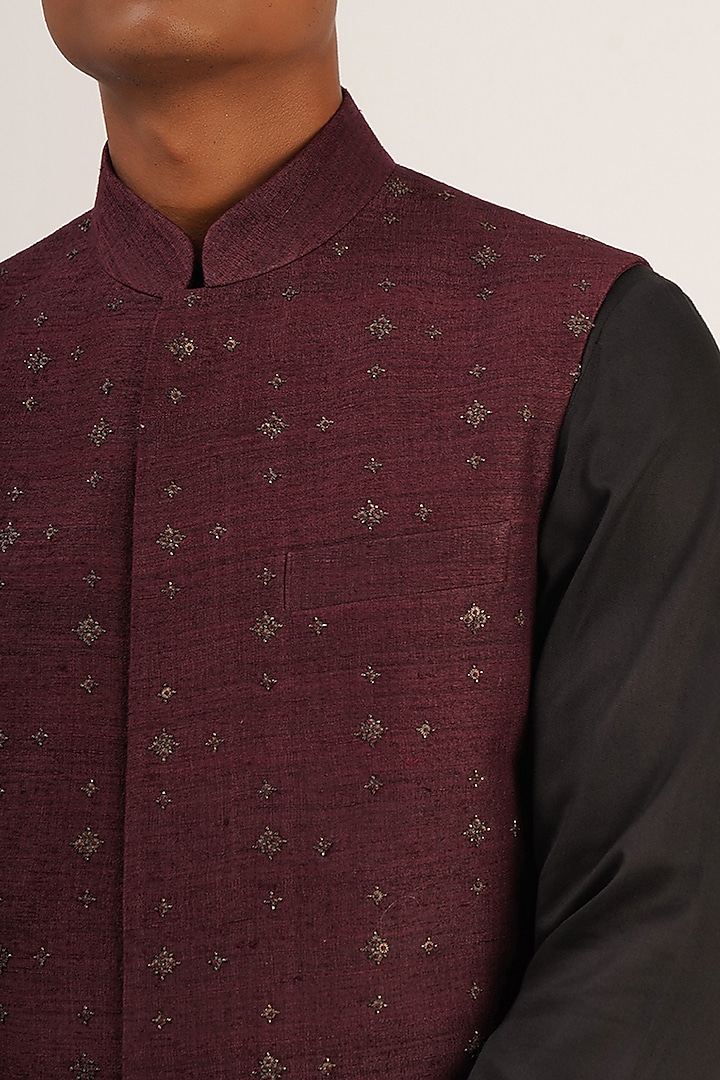 Old Mauve Silk Embroidered Jawahar Jacket by Dhruv Vaish at Pernia's Pop Up Shop