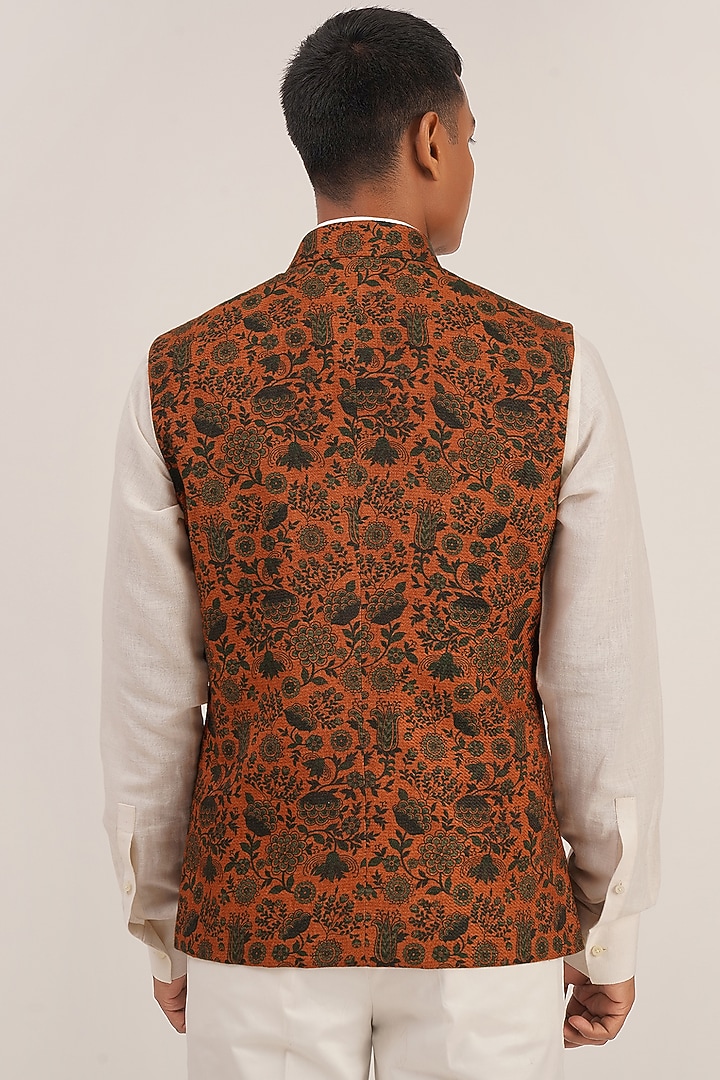 Rust & Green Textured Cotton Silk Printed Nehru Jacket by Dhruv Vaish at Pernia's Pop Up Shop