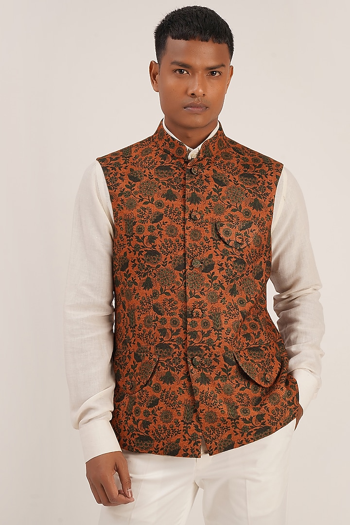 Rust & Green Textured Cotton Silk Printed Nehru Jacket by Dhruv Vaish at Pernia's Pop Up Shop