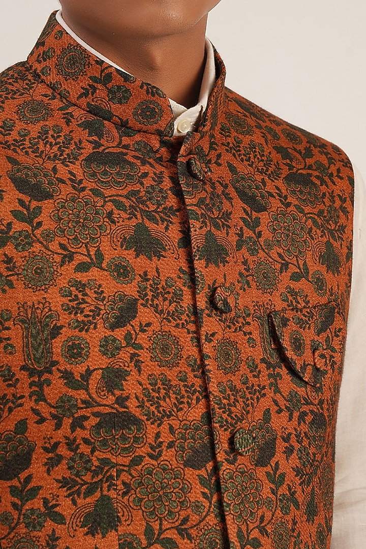 Rust & Green Textured Cotton Silk Printed Nehru Jacket by Dhruv Vaish at Pernia's Pop Up Shop