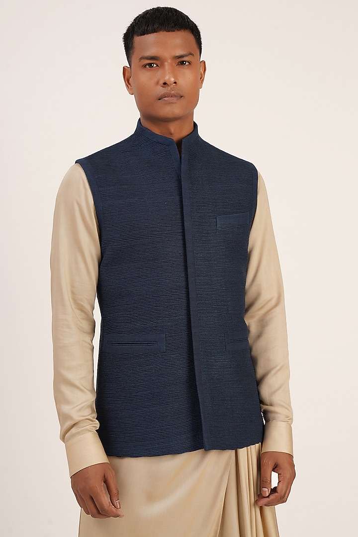 Navy Blue Silk Nehru Jacket by Dhruv Vaish at Pernia's Pop Up Shop