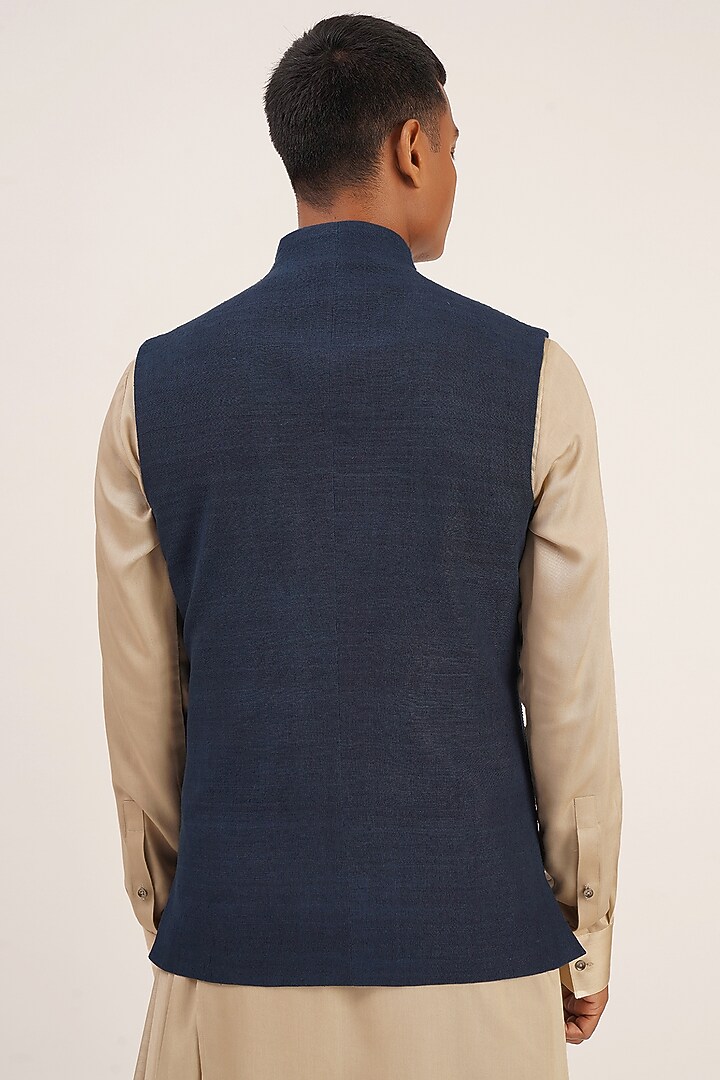 Navy Blue Silk Nehru Jacket by Dhruv Vaish at Pernia's Pop Up Shop