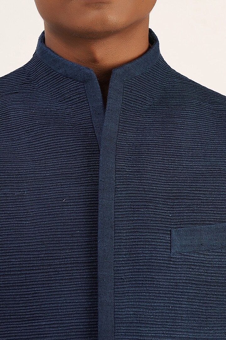 Navy Blue Silk Nehru Jacket by Dhruv Vaish at Pernia's Pop Up Shop