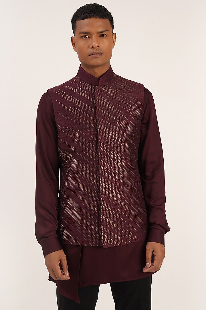 Old Mauve Silk Embroidered Wedding Indowestern Jacket by Dhruv Vaish at Pernia's Pop Up Shop