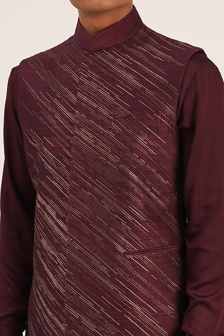 Old Mauve Silk Embroidered Wedding Indowestern Jacket by Dhruv Vaish at Pernia's Pop Up Shop