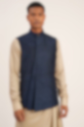 Navy Blue Raw Silk Nehru Jacket by Dhruv Vaish at Pernia's Pop Up Shop