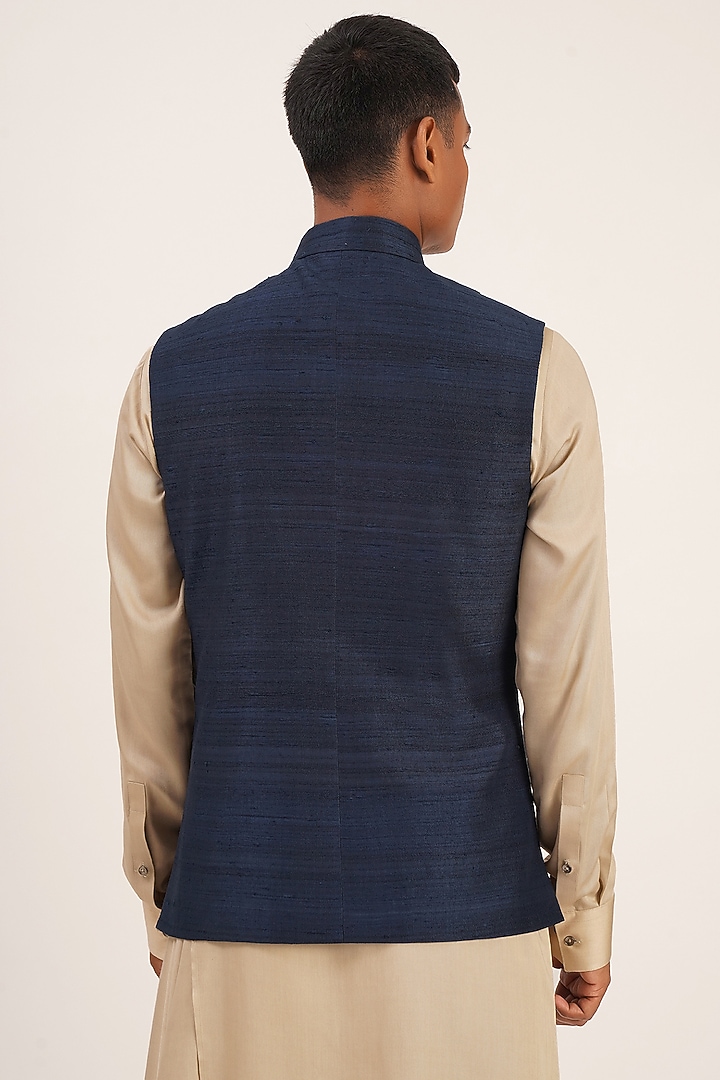 Navy Blue Raw Silk Nehru Jacket by Dhruv Vaish at Pernia's Pop Up Shop