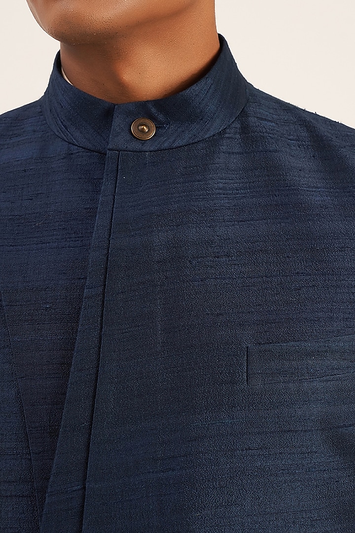 Navy Blue Raw Silk Nehru Jacket by Dhruv Vaish at Pernia's Pop Up Shop