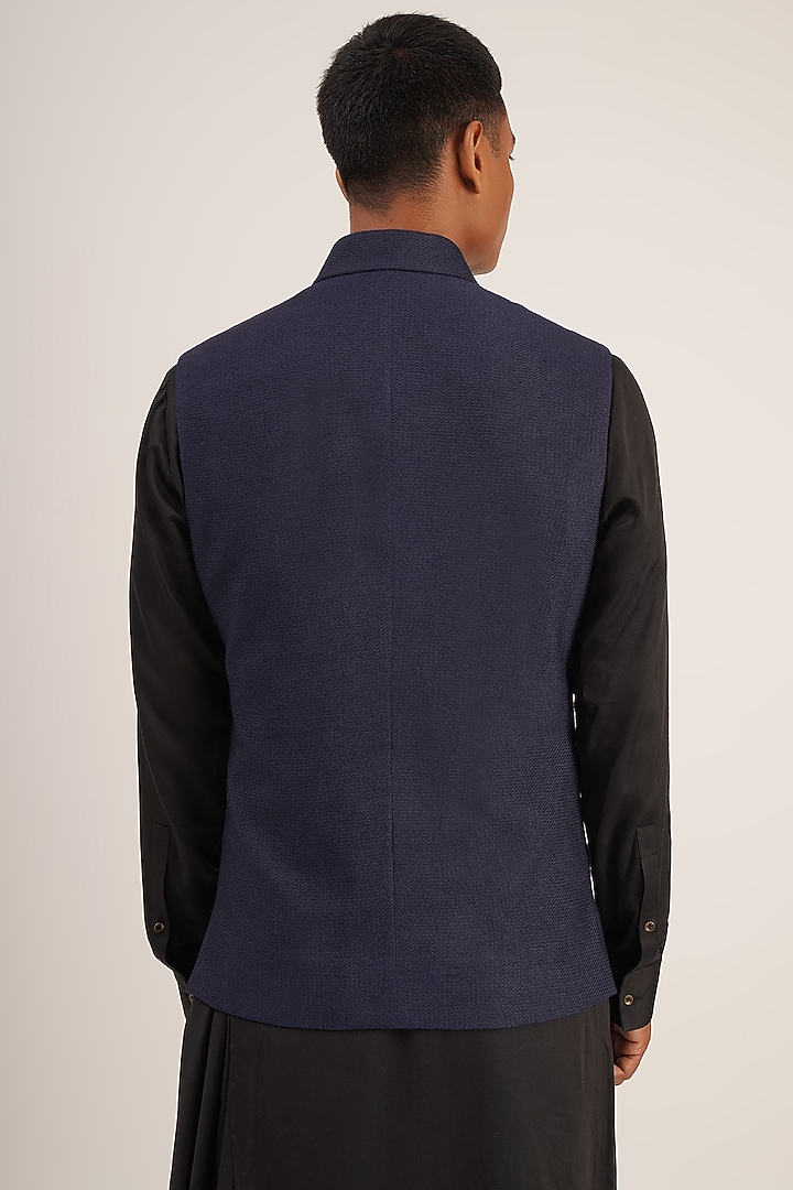 Navy Blue Textured Cotton Silk Nehru Jacket by Dhruv Vaish at Pernia's Pop Up Shop