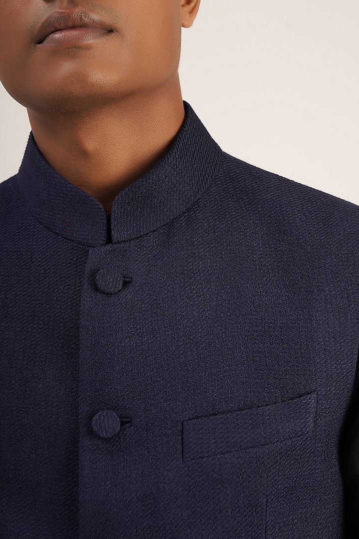 Navy Blue Textured Cotton Silk Nehru Jacket by Dhruv Vaish at Pernia's Pop Up Shop