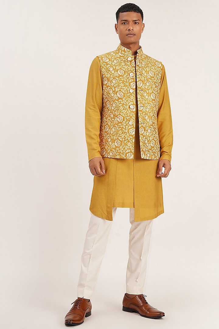 Marigold Embroidered Indowestern Jacket by Dhruv Vaish