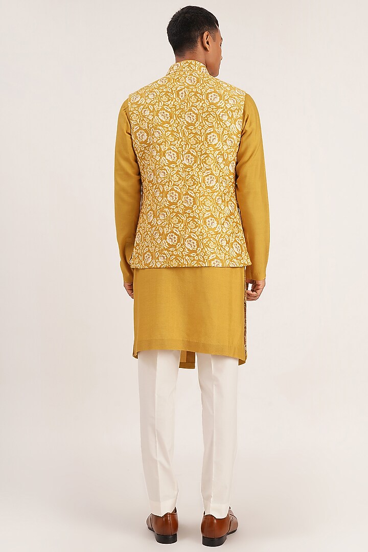 Marigold Raw Silk Embroidered Wedding Indowestern Jacket by Dhruv Vaish at Pernia's Pop Up Shop