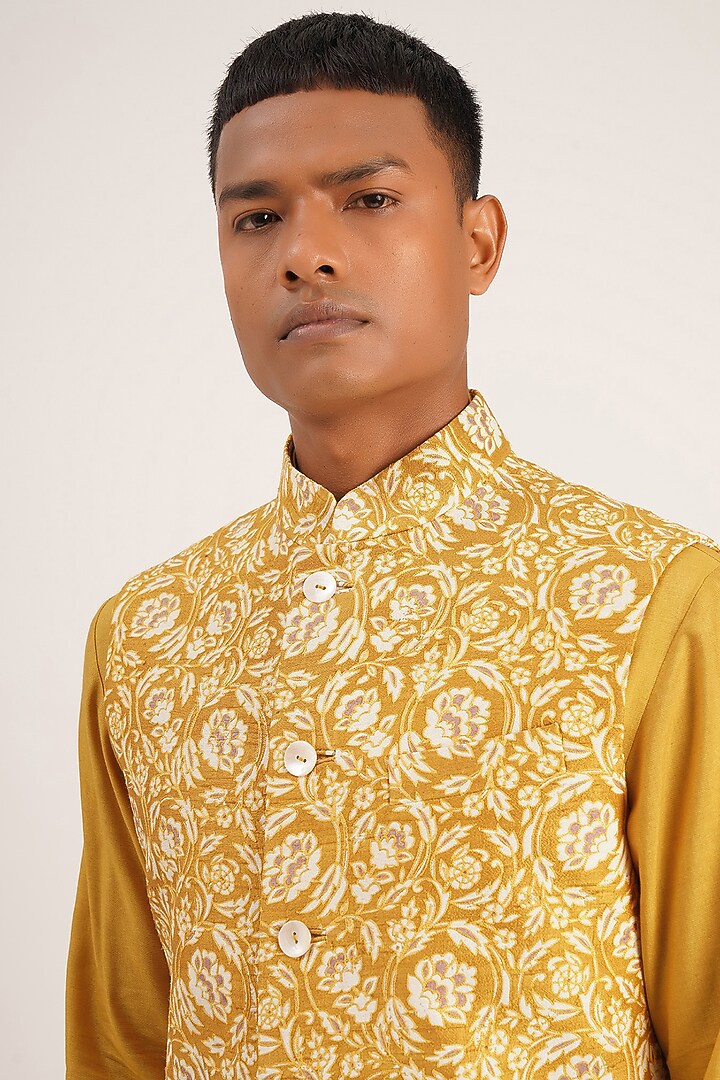 Marigold Raw Silk Embroidered Wedding Indowestern Jacket by Dhruv Vaish at Pernia's Pop Up Shop