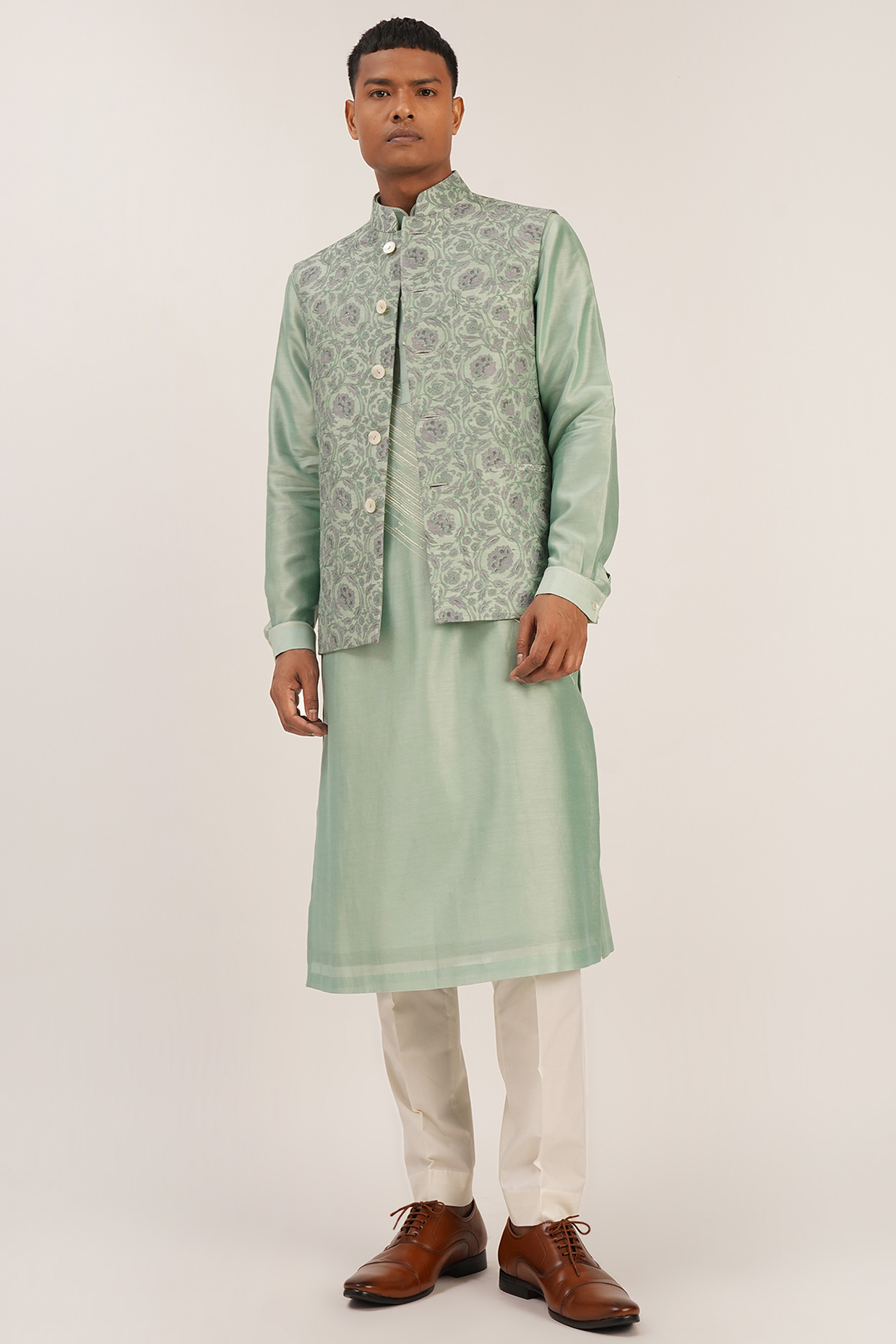 Jade Mist Embroidered Wedding Indowestern Jacket by Dhruv Vaish at Pernia's Pop Up Shop