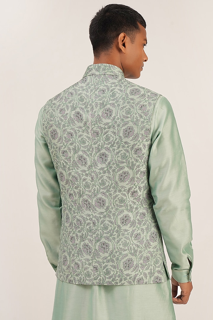 Jade Mist Raw Silk Embroidered Wedding Indowestern Jacket by Dhruv Vaish at Pernia's Pop Up Shop