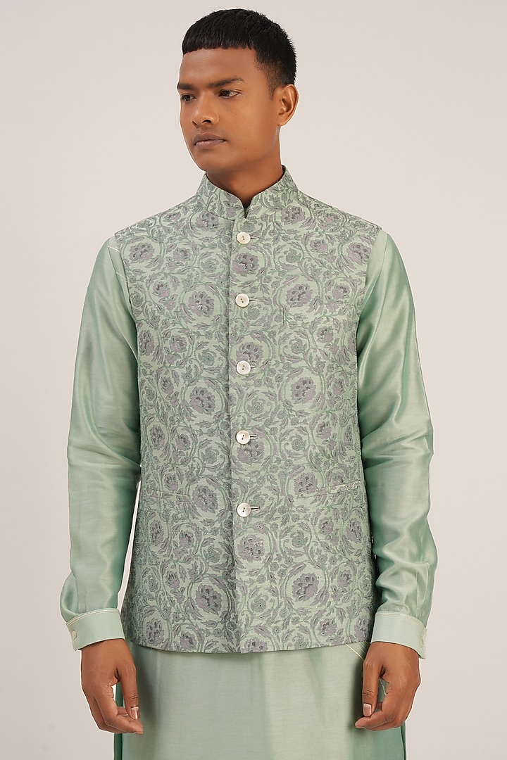 Jade Mist Raw Silk Embroidered Wedding Indowestern Jacket by Dhruv Vaish at Pernia's Pop Up Shop