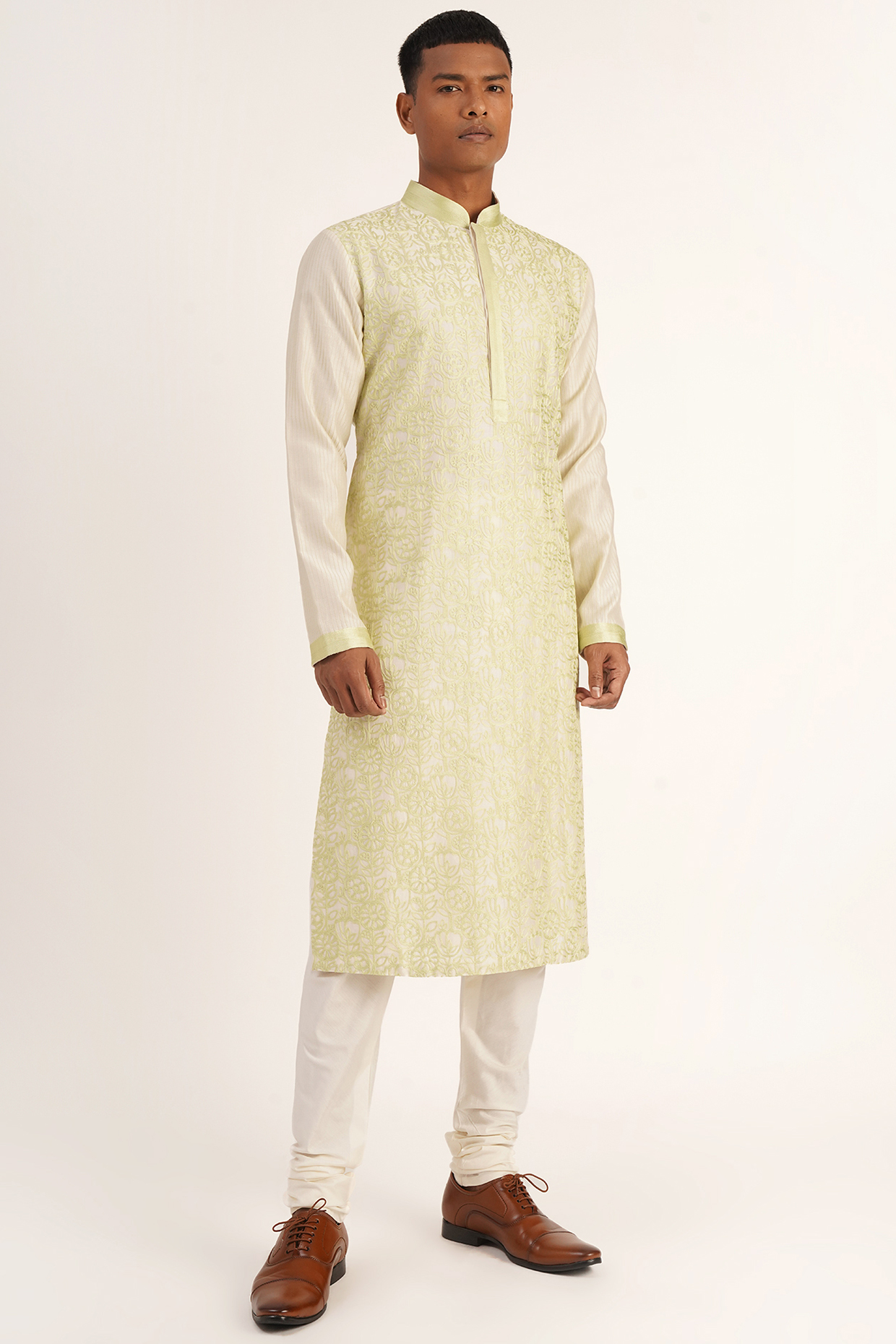 Ivory & Lime Cotton Silk Chanderi Thread Embroidered Kurta Set by Dhruv Vaish at Pernia's Pop Up Shop