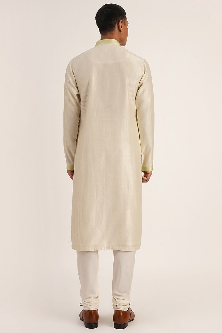Ivory & Lime Cotton Silk Chanderi Thread Embroidered Kurta Set by Dhruv Vaish at Pernia's Pop Up Shop
