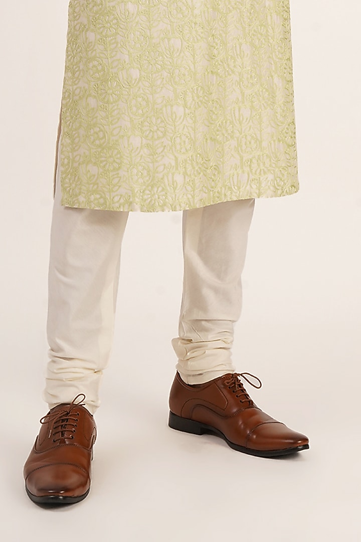 Ivory & Lime Cotton Silk Chanderi Thread Embroidered Kurta Set by Dhruv Vaish at Pernia's Pop Up Shop