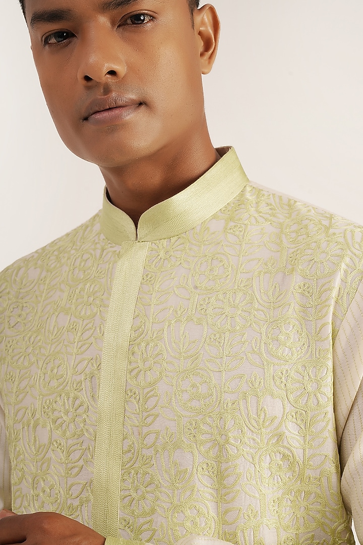 Ivory & Lime Cotton Silk Chanderi Thread Embroidered Kurta Set by Dhruv Vaish at Pernia's Pop Up Shop