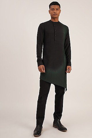 Black & Bottle Green Asymmetric Kurta Set by Dhruv Vaish