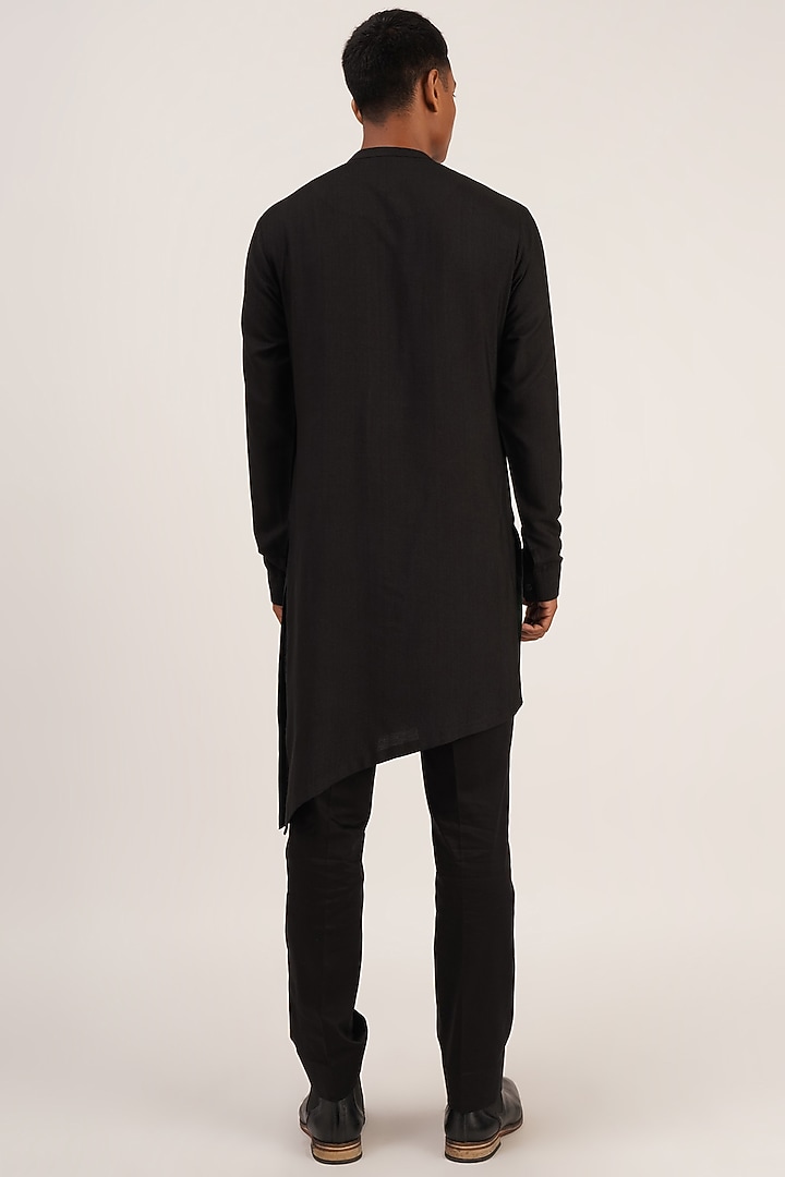 Black & Bottle Green Asymmetric Kurta Set by Dhruv Vaish at Pernia's Pop Up Shop