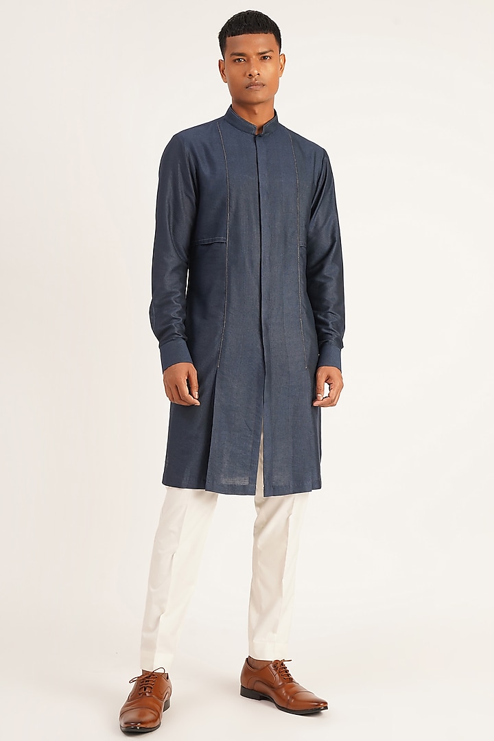 Navy Blue Cotton SIlk Kurta Set by Dhruv Vaish at Pernia's Pop Up Shop