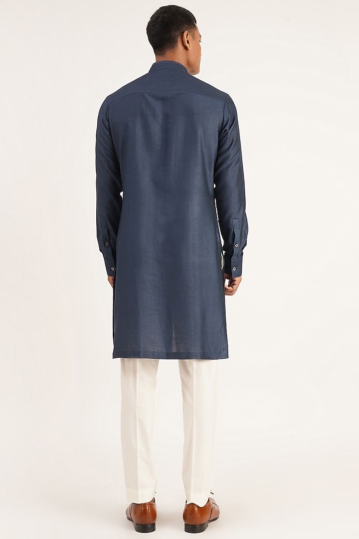 Navy Blue Cotton Silk Double Flap Kurta Set by Dhruv Vaish at Pernia's Pop Up Shop