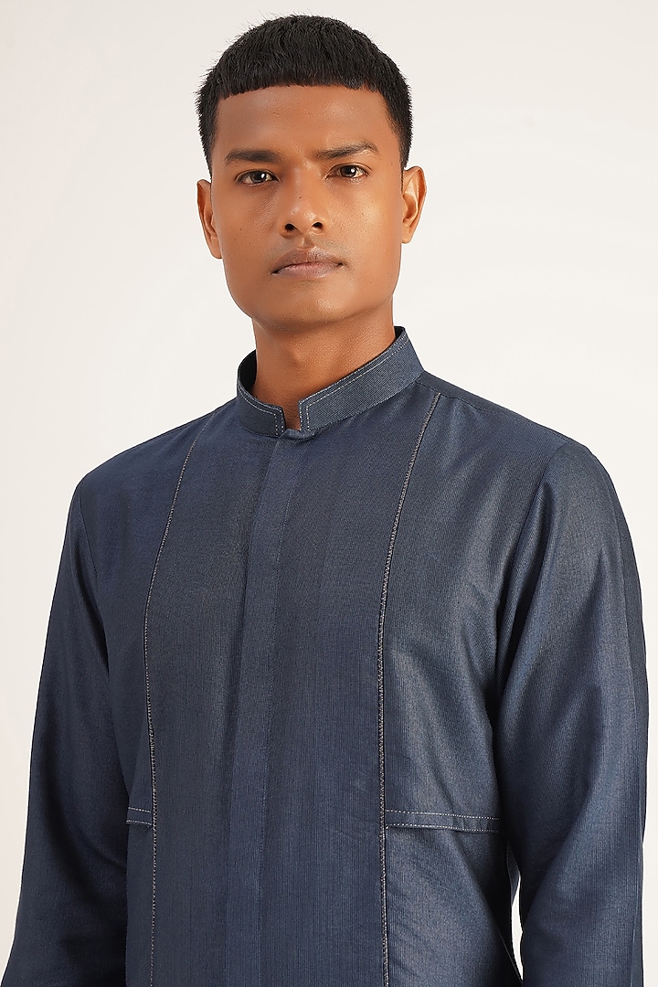 Navy Blue Cotton Silk Double Flap Kurta Set by Dhruv Vaish at Pernia's Pop Up Shop