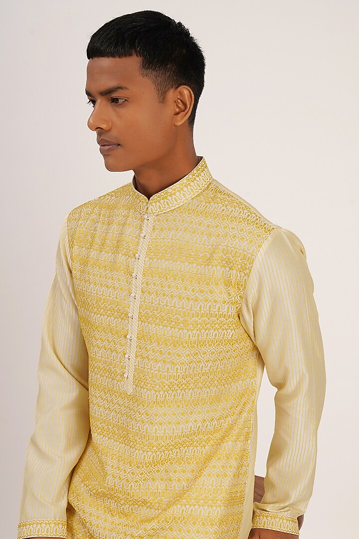 Marigold Cotton Silk Chanderi Embroidered Kurta Set by Dhruv Vaish at Pernia's Pop Up Shop