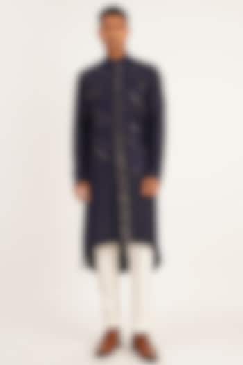 Navy Blue Embroidered Kurta Set by Dhruv Vaish at Pernia's Pop Up Shop