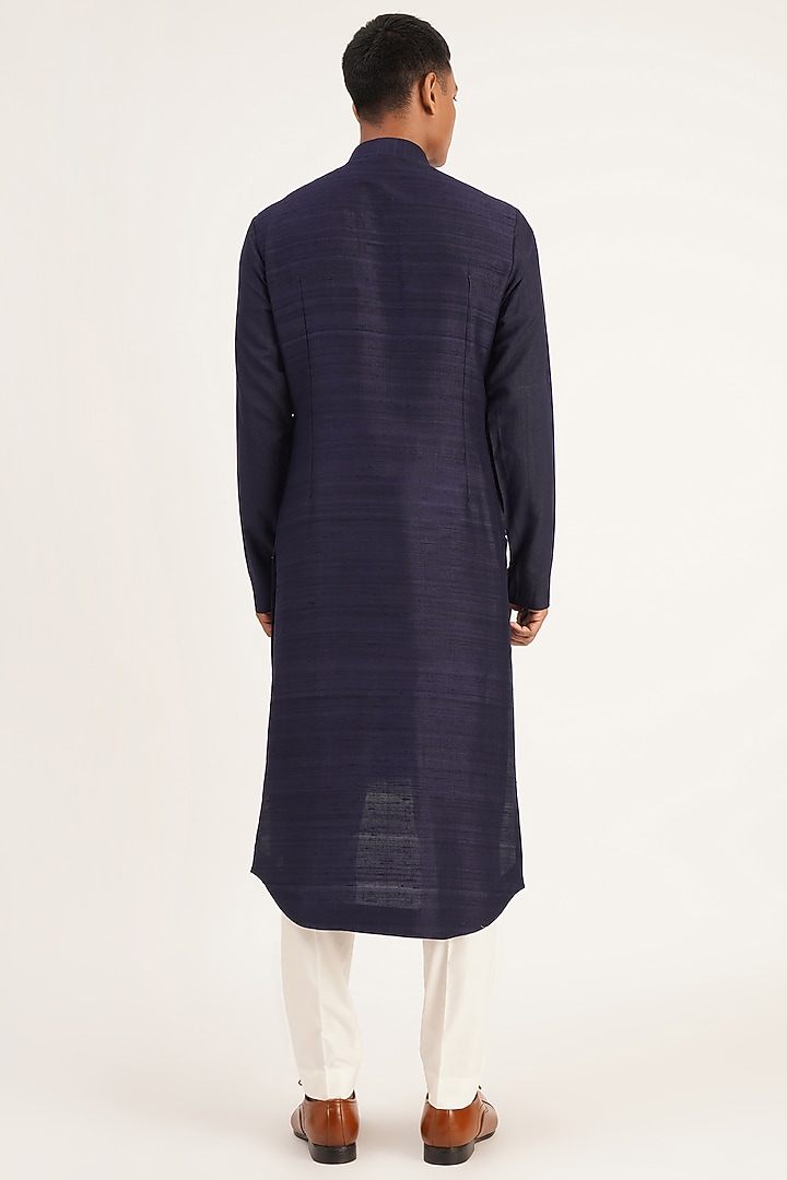 Navy Blue Cotton Silk Embroidered Kurta Set by Dhruv Vaish at Pernia's Pop Up Shop