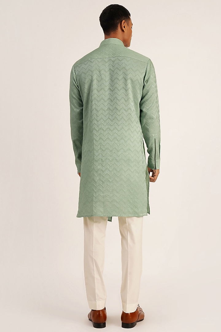 Jade Mist Cotton Silk Asymmetric Kurta Set by Dhruv Vaish at Pernia's Pop Up Shop