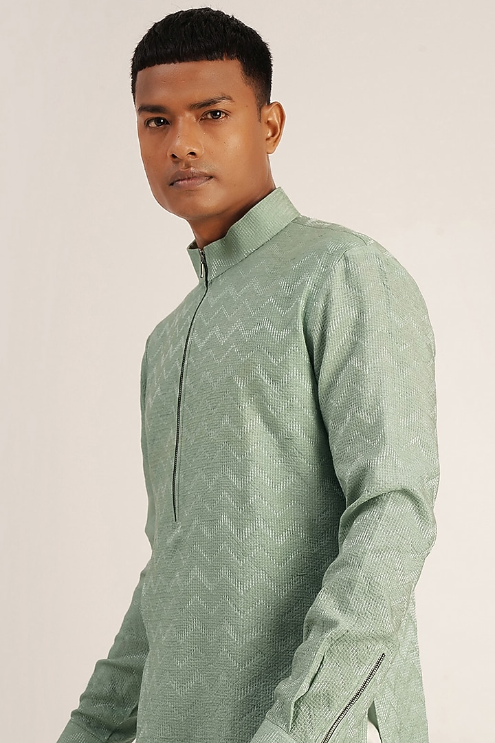 Jade Mist Cotton Silk Asymmetric Kurta Set by Dhruv Vaish at Pernia's Pop Up Shop