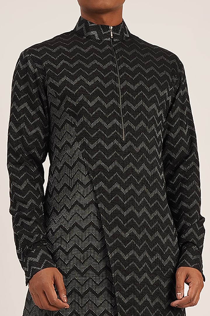 Black Cotton Silk Asymmetric Kurta Set by Dhruv Vaish at Pernia's Pop Up Shop