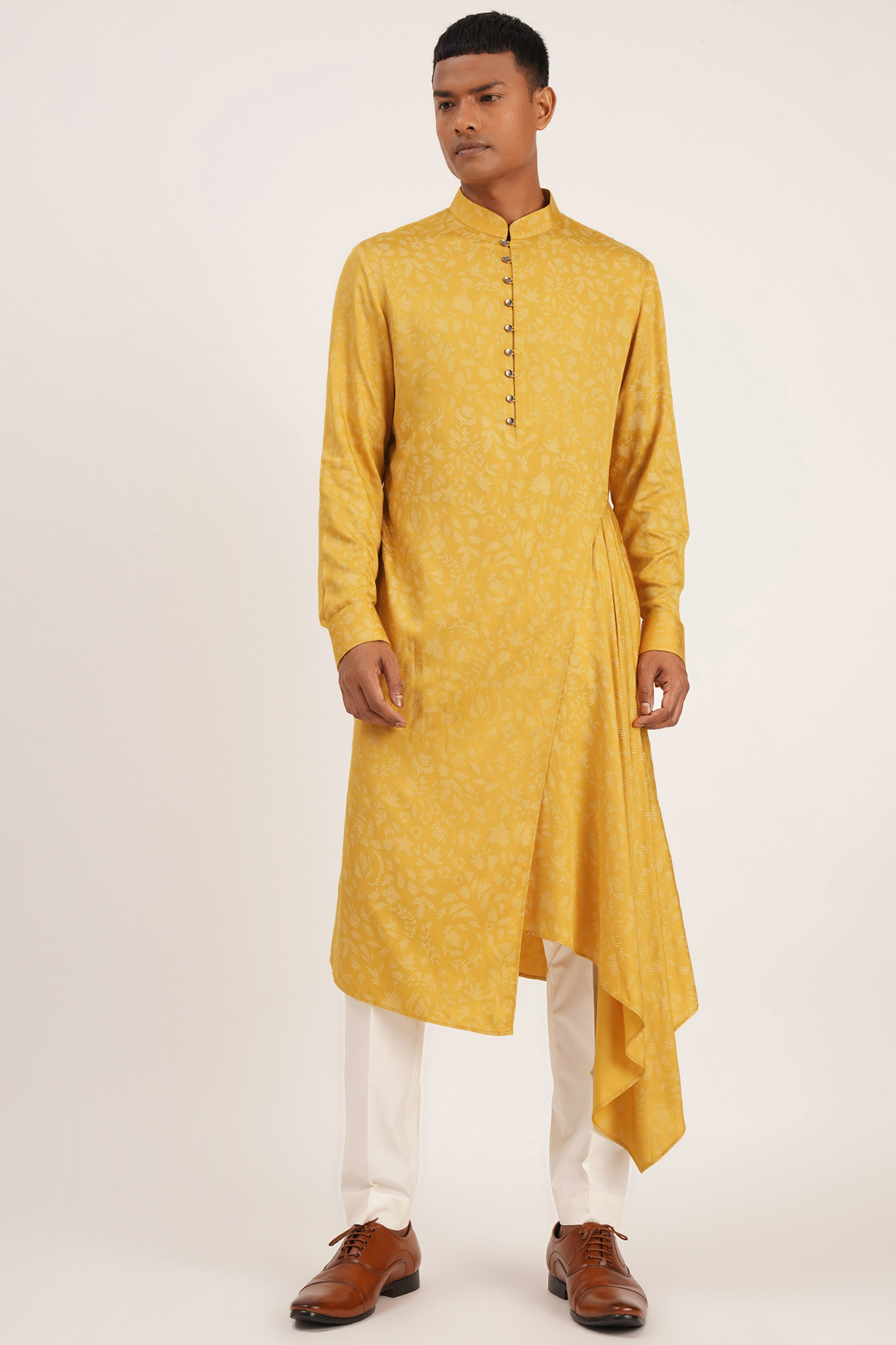 Marigold Satin Draped Kurta Set by Dhruv Vaish