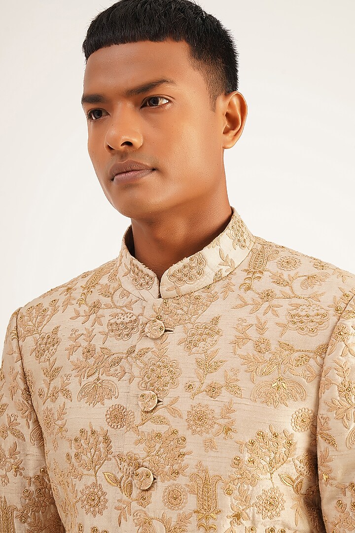 Timber Silk Embroidered Groom Sherwani Set by Dhruv Vaish at Pernia's Pop Up Shop