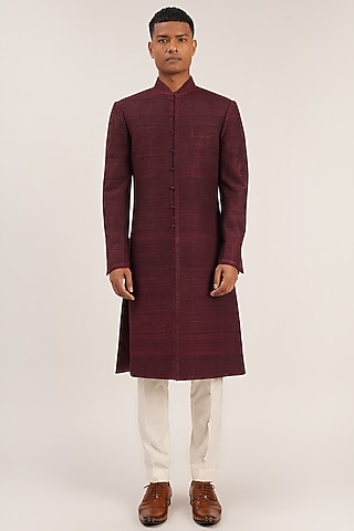 Old Rose Raw Silk Sherwani Set by Dhruv Vaish