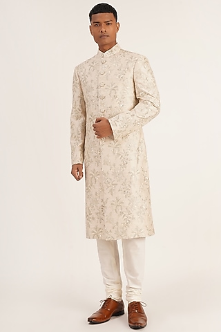 Silver Cream Silk Embroidered Sherwani Set by Dhruv Vaish