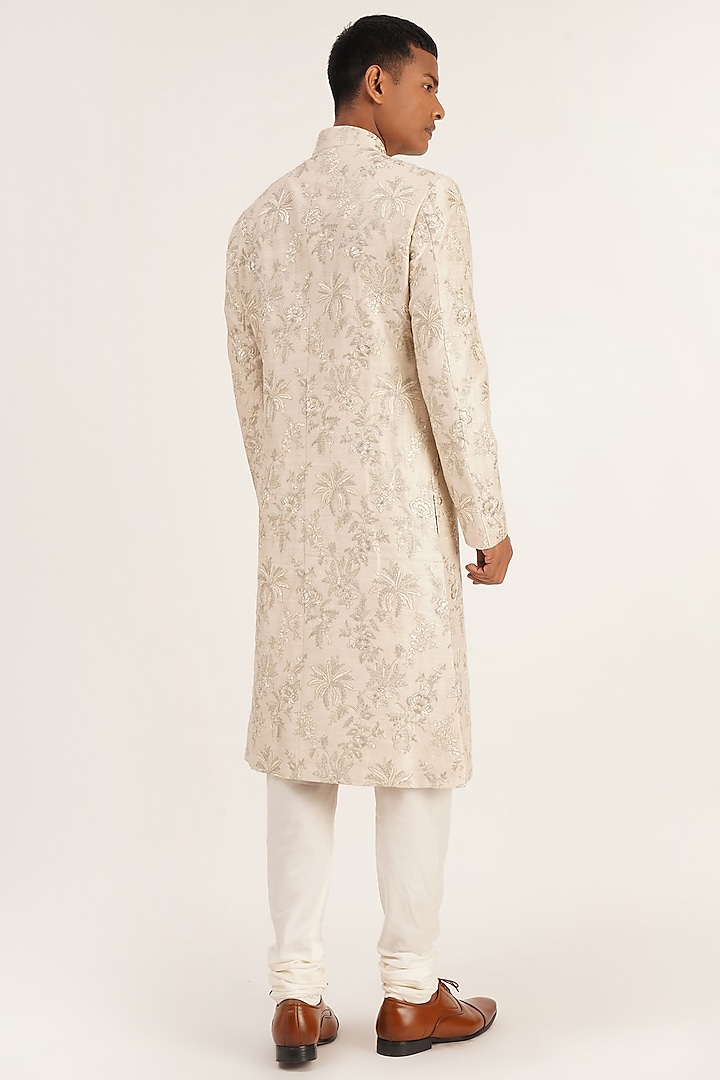 Silver Cream Silk Embroidered Groom Sherwani Set by Dhruv Vaish at Pernia's Pop Up Shop
