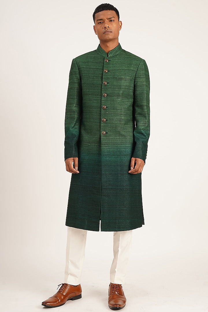 Bottle Green Ombre Sherwani Set by Dhruv Vaish