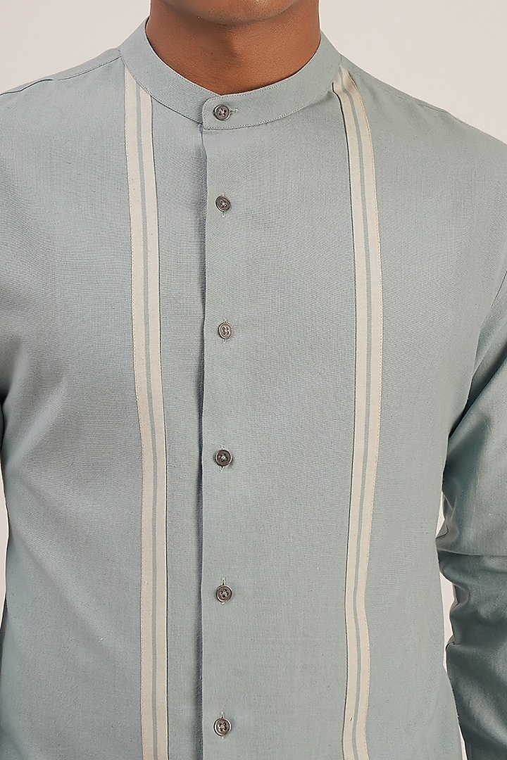 Powder Blue Handloom Cotton Striped Party Wear Shirt by Dhruv Vaish at Pernia's Pop Up Shop